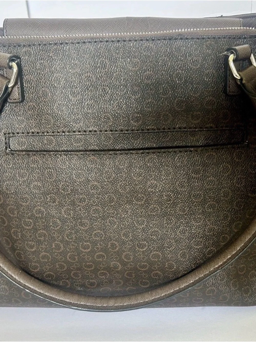 GUESS Brown Logo-Print Tote with Silver Logo Charm